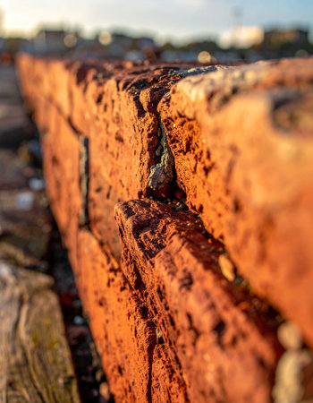 Bathed in the warm glow of a setting sun, the heavily corroded surface of an old industrial beam reveals its history.の素材