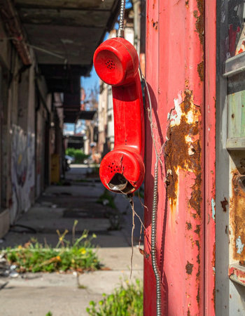 In a forgotten urban alley, a broken red telephone receiver hangs silently, a relic of past conversations.の素材