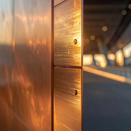 The last rays of the setting sun cast a warm, golden glow across a brushed metal panel, highlighting its texture and creating an abstract play of light and shadow.の素材