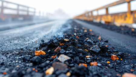 A close-up, selective focus shot captures the gritty texture of raw coal on a conveyor belt.の素材