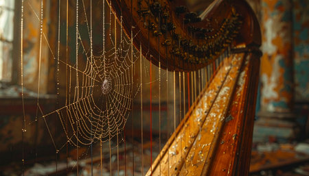 In a forgotten, dusty room, an ancient harp stands silent, its strings now home to an intricate spiderweb.の素材