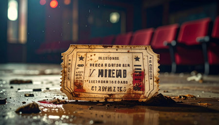 A single, weathered ticket lies forgotten on the grimy floor of an abandoned movie theater.の素材