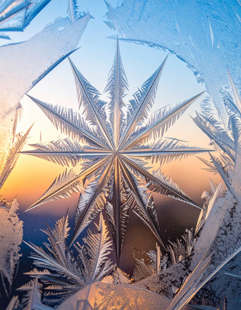 A breathtaking, star-shaped frost crystal forms on a window pane, perfectly framing the warm, golden glow of a winter sunrise.の素材