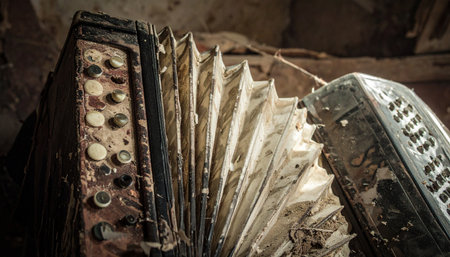 In a forgotten corner, shrouded in dust and shadows, lies an old accordion. Its bellows are still, its keys silent, holding the echoes of melodies from a bygone era.の素材