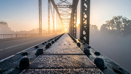 As the sun rises on a foggy morning, its golden light breaks through the mist, illuminating a path across an old steel truss bridge.の素材