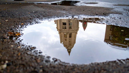 A grand, historic building finds an unlikely mirror in a simple puddle on a cracked asphalt street.の素材