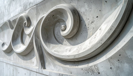 A close-up perspective captures the dynamic, flowing lines of a wave-like sculpture carved into a solid concrete wall.の素材