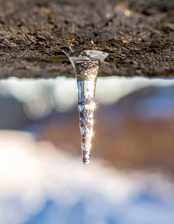 A detailed macro shot captures the delicate beauty of a single icicle as it begins to melt.の素材