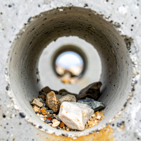 A unique perspective looking through a freshly drilled hole in a thick concrete wall. The rough interior frames a distant, blurred view, creating a sense of depth and discovery.の素材