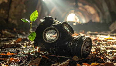 In the ruins of a forgotten world, a symbol of hope emerges. A single green sprout pushes through an old gas mask, signifying nature's enduring power to reclaim and renew, even after disaster.の素材
