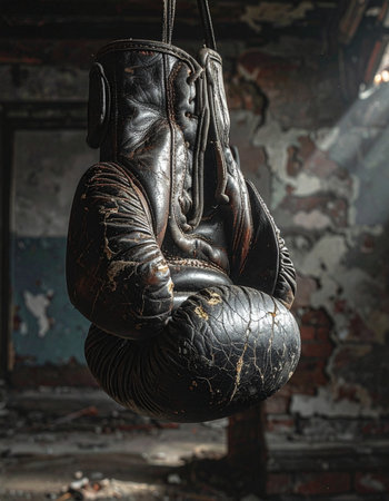 In a forgotten, derelict gym, a single beam of light illuminates an old, worn leather boxing glove.の素材