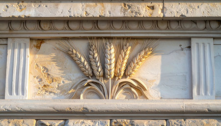 The golden light of late afternoon catches a detailed stone carving on a historic building.の素材