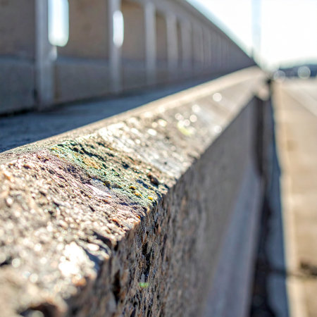 A detailed close-up shot captures the rough, weathered texture of a concrete bridge railing.の素材
