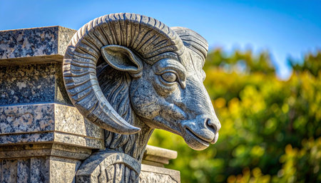 A stoic ram's head sculpture stands as a timeless guardian, its powerful horns and weathered features catching the warm sunlight.の素材