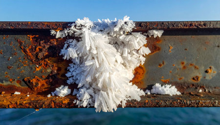 In the crisp winter air, delicate, feathery hoarfrost crystals bloom in a stunning formation against the rough, oxidized surface of an old steel beam.の素材