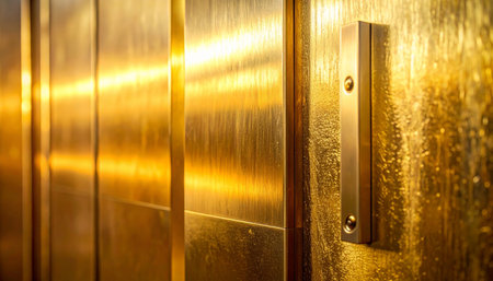 Sunlight-like golden light streaks across the brushed metal interior of a modern elevator, creating a sense of rapid ascent.の素材