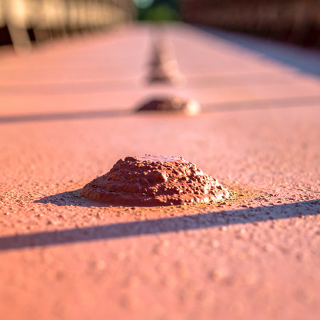 A single steel rivet stands firm on a weathered red girder, its long shadow stretching across the surface in the warm glow of the setting sun.の素材