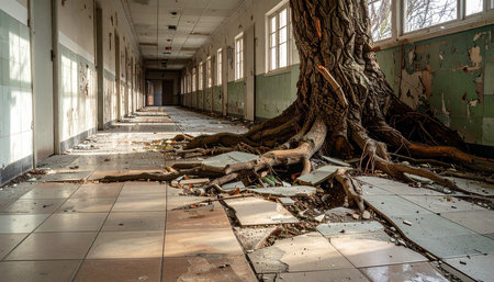 In a world forgotten by humans, nature stages a quiet comeback. A massive tree bursts through the tiled floor of a desolate corridor, its powerful roots a testament to life's persistence.の素材