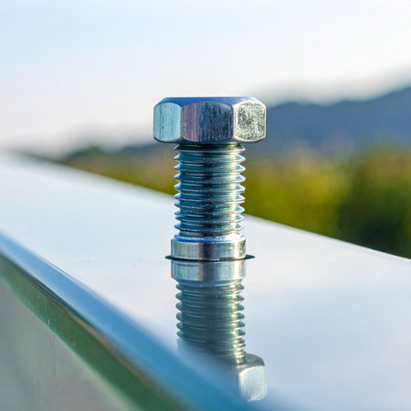 A detailed macro shot captures the precision of a single steel hex bolt, firmly secured to a reflective surface.の素材
