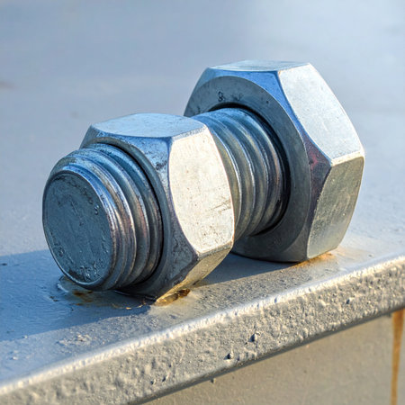 A close-up shot captures the immense strength of a heavy-duty industrial nut and bolt.の素材