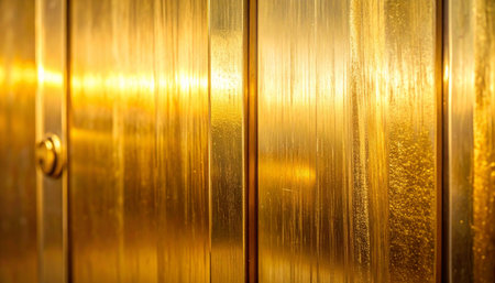 A close-up view of a polished golden metal surface, where warm light catches the brushed texture, creating a radiant and luxurious glow.の素材