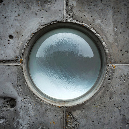 A close-up view of a round, convex window set deep within a rough, weathered concrete wall. The textured glass obscures the view, creating a sense of mystery, security, and industrial strength.の素材