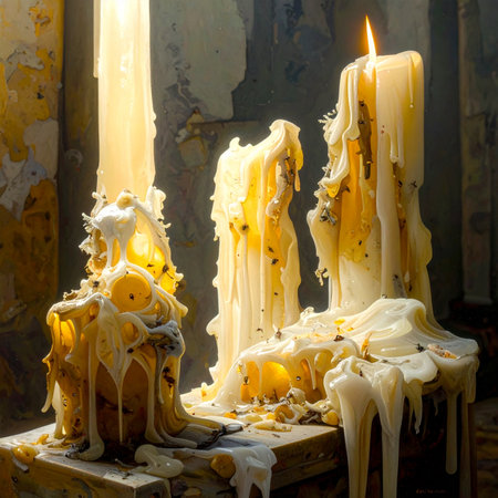A trio of old candles stands testament to the passage of time, their bodies melted and reformed into a cascade of wax.の素材