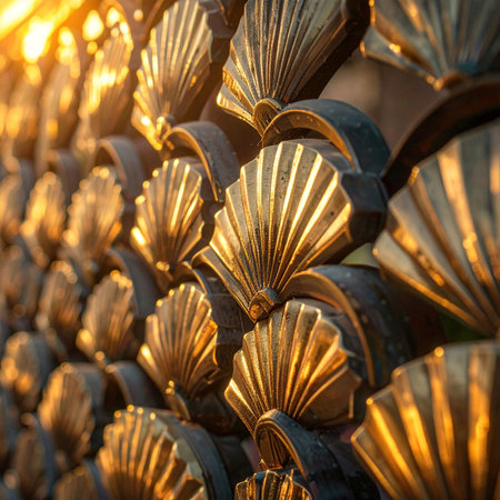 Sunlight catches the intricate details of a wall adorned with golden shells, casting a warm, opulent glow.の素材