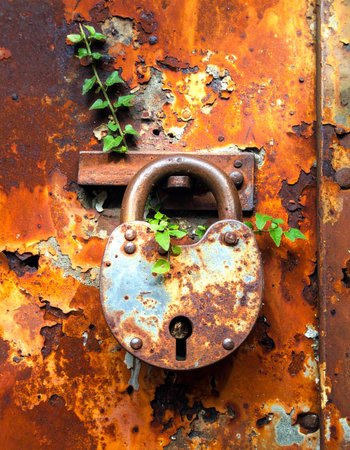 A symbol of time's passage, a heavily rusted padlock remains steadfast on a corroded metal door.の素材