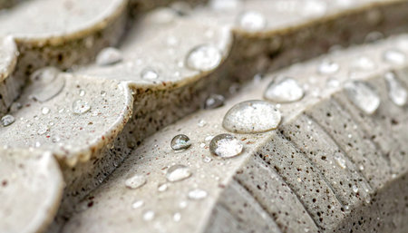 A macro photograph captures the intricate details of crystal-clear water droplets beading on a textured, waterproof surface.の素材