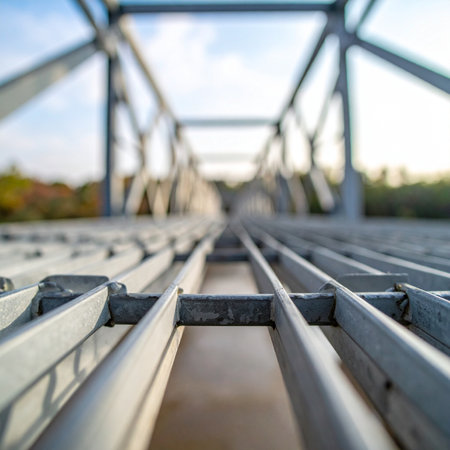 A low-angle, selective focus shot captures the intricate details of a steel grate walkway on a truss bridge.の素材