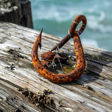 An old, forgotten fishing hook rests on a weathered wooden pier, its rusty surface telling tales of countless battles with the sea.の素材