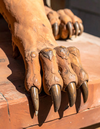 A close-up of a weathered stone lion's paw, its sharp claws extended in a display of permanent power.の素材