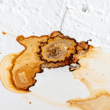 A detailed close-up of a spreading rust stain from a water leak.の素材