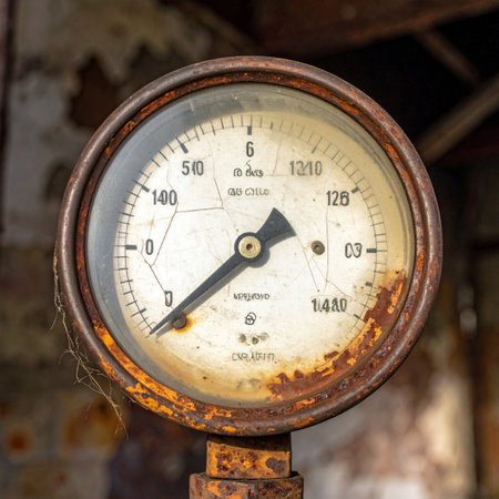 A relic of a bygone industrial era, this heavily corroded pressure gauge tells a story of forgotten machinery and the relentless passage of time.の素材