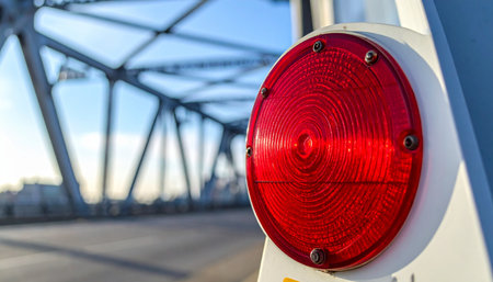 A bright red safety signal stands as a silent sentinel in the foreground, its vibrant color a stark contrast to the cool blue tones of the massive steel truss bridge behind it.の素材
