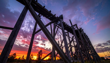 The massive wooden beams of a historic railway trestle stand in stark silhouette against a breathtakingly vibrant sunset.の素材