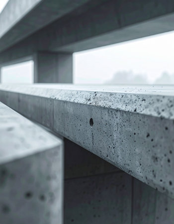A close-up perspective on a stark concrete structure, its strong geometric lines disappearing into the dense morning fog.の素材