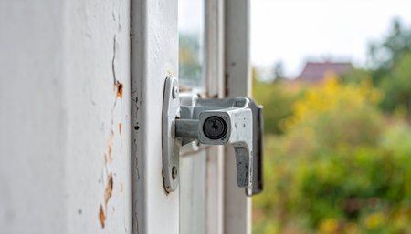 A detailed close-up captures a silver metal latch securing an old window. The weathered white frame shows signs of age with peeling paint, hinting at years of use.の素材
