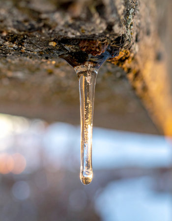 A single icicle catches the warm glow of the winter sun, a beautiful yet fleeting moment.の素材