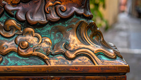 A close-up reveals the intricate details of an ancient bronze sculpture, where time has painted a beautiful green patina over the ornate, wave-like carvings.の素材