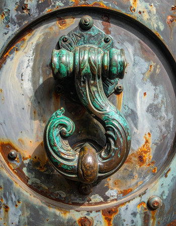 A close-up of a beautifully detailed, antique door knocker, its bronze surface transformed by a rich green patina over time.の素材