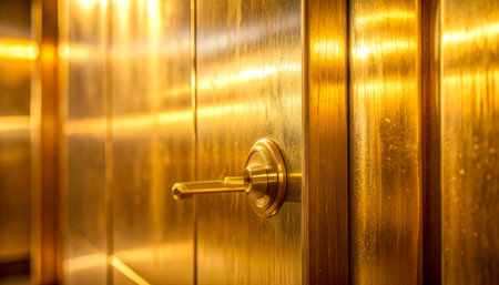 A close-up view of a gleaming golden vault door, its brushed metal surface reflecting warm light.の素材