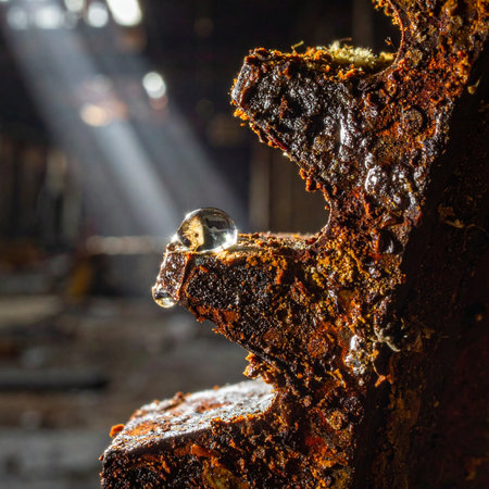 In a forgotten corner of a silent factory, a single beam of light cuts through the gloom, illuminating a massive, rusted gear.の素材