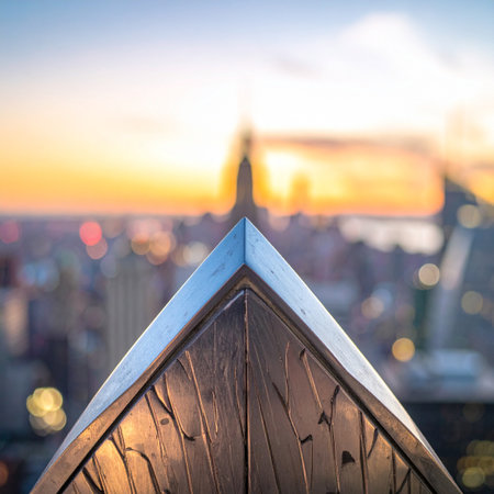 From the pinnacle of a modern skyscraper, a sharp metallic edge points towards the horizon.の素材