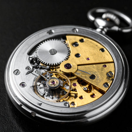 A macro view reveals the soul of a vintage timepiece, where a symphony of brass and steel gears work in perfect harmony.の素材
