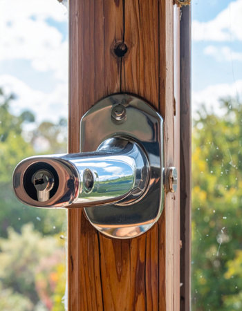A gleaming chrome door handle is mounted on a warm, rustic wooden post, offering a secure entry or exit.の素材