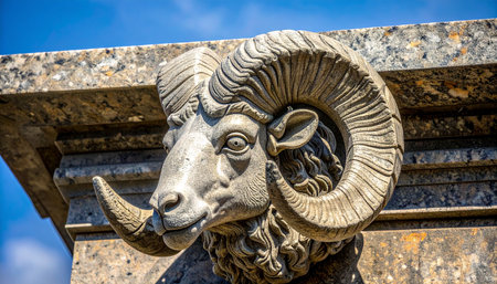 A stoic stone ram stands as a timeless guardian, its powerful, curved horns and detailed features carved with ancient precision.の素材