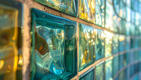 Sunlight filters through a vintage glass block wall, creating a beautiful, distorted mosaic of teal, blue, and gold.の素材