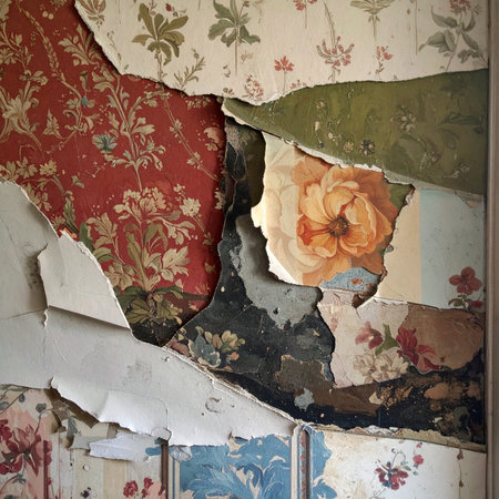 Layers of torn and peeling wallpaper reveal the history of a forgotten room. Each floral pattern tells a story of a different era, creating a rich, textured abstract of time, memory, and decay.の素材